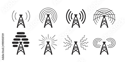 Set of radio signal transmission tower icons and electricity symbols with transmission broadcast wireless electricity communication frequency technology infrastructure electric collection