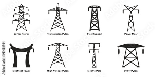 Set of various high voltage transmission pylons and electrical power towers with electricity transmission electric infrastructure industrial structure distribution collection engineering