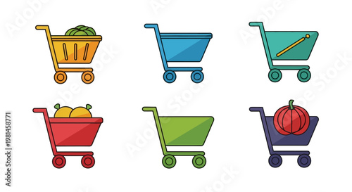 Set of colorful shopping carts with groceries, isolated on white background