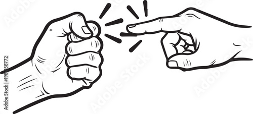 Hands knocking on door with finger pointing at fist representing rejection or disagreement concept.