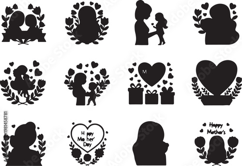 Compilation of mother and child silhouette graphics with hearts and gifts silhouette collection parenthood celebration greeting illustration monochrome decoration relationship