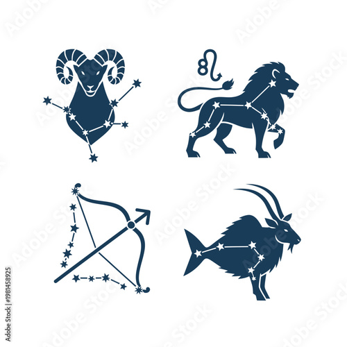 Zodiac constellations: Aries, Leo, Sagittarius, Capricorn - dark blue icons