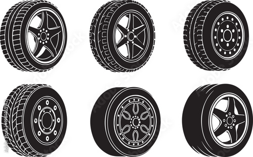 Different types of car wheels and tires with various rim designs and tread patterns shown in perspective views for automotive catalogues.