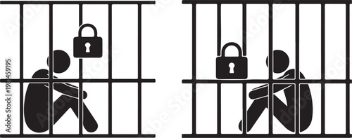 Two figures in prison cells with locked padlocks, symbolizing incarceration, restriction, law, justice, or confinement.