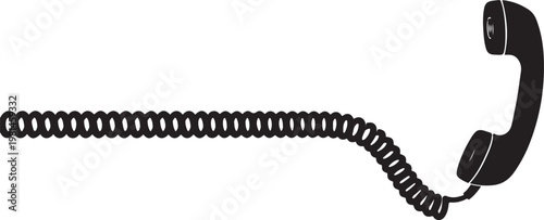 Classic black telephone receiver with a long coiled cord, an old-fashioned communication device, vector illustration.