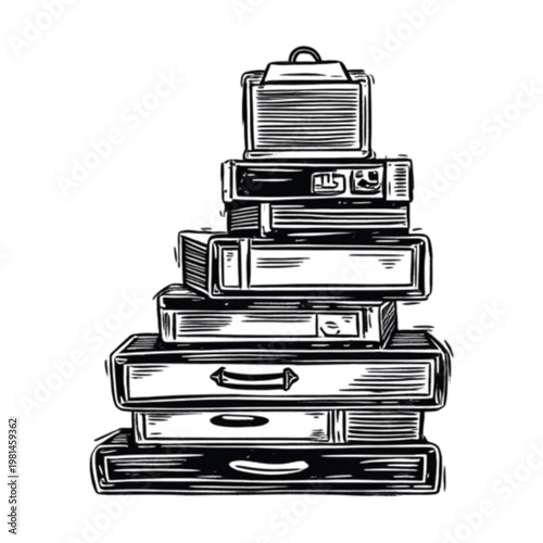A stack of vintage suitcases and travel cases in a detailed black and white illustration high quality professional modern elegant stylish clean crisp
