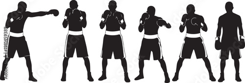 Set of male boxer silhouettes in various fighting poses vector illustration of athlete shadow training and punching on checkered background.