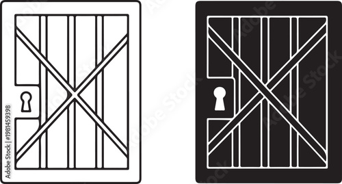 Prison cell door icon set with metal bars and keyhole vector illustration of jail gate lock and security frame on checkered background grid.