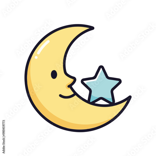 A cheerful crescent moon character gently holding a sparkling blue star, embodying peaceful night, sweet dreams, and celestial wonder in a charming cartoon illustration perfect for children's themes