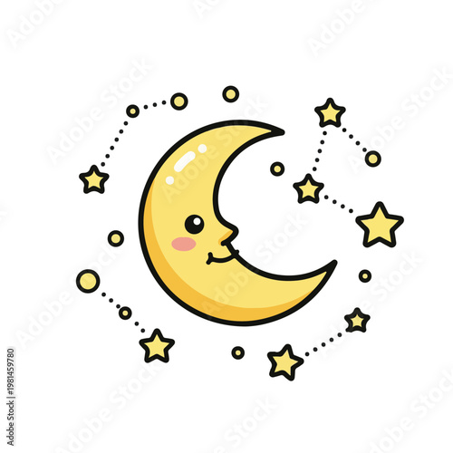 Smiling crescent moon vector graphic with twinkling stars and constellations, perfect for children's designs and night themes. A charming Artboard 25.svg inspired digital illustration