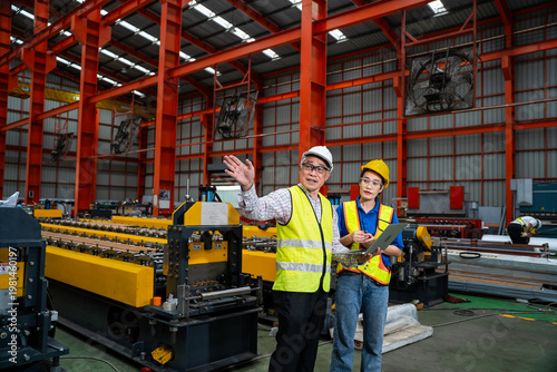 Tablou pe pânză A male chief engineer is instructing female workers on operating machinery in a large factory