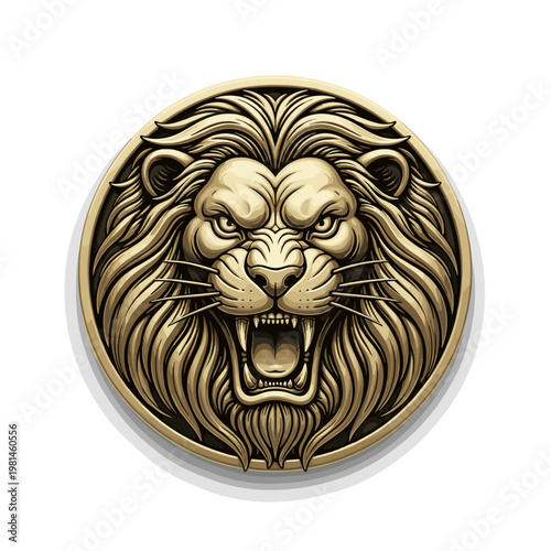 Golden roaring lion head medallion with aggressive expression