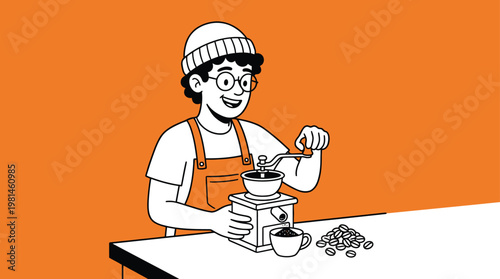 Young Barista Man Grinding Coffee Beans with Manual Hand Grinder Illustration