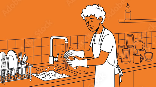 Young Man with Apron Washing Glass in Kitchen Sink Minimalist Two Tone Illustration