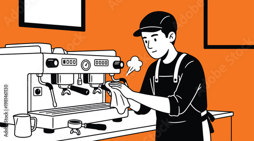 Male Barista Cleaning Professional Espresso Machine in Modern Cafe Flat Line Art Illustration