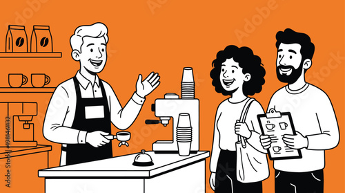 Professional Barista Interacting with Customers at Modern Coffee Shop Counter Vector Illustration