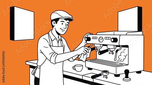 Professional Male Barista Operating Espresso Machine in Modern Minimalist Line Art Illustration
