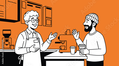 Modern Line Art Illustration of a Friendly Barista Serving Coffee to a Customer at a Cafe Counter