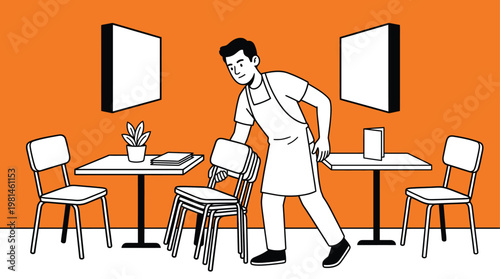 Professional Male Waiter Arranging and Stacking Chairs in a Modern Minimalist Cafe Restaurant Interior Illustration