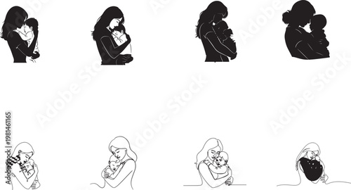 Mother and child silhouettes collection with black and white line art white background family love silhouette illustration minimalist isolated parenting childhood together