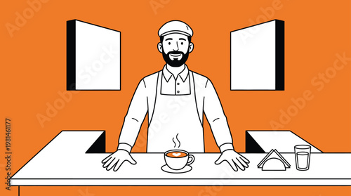 Friendly Bearded Barista Behind Cafe Counter Serving Hot Coffee Cup Illustration