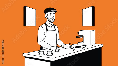 Male Barista Working at Coffee Shop Counter Minimalist Line Art Illustration on Orange Background