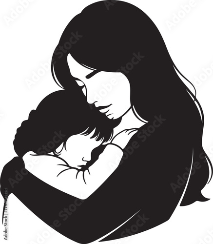 Mother holding her sleeping child in an affectionate embrace with black and white line art white background family love silhouette illustration minimalist isolated parenting