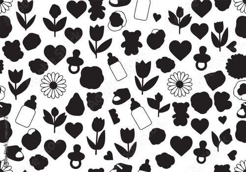 Seamless pattern of baby icons black and white hearts teddy bears flowers bottles pacifiers with seamless pacifier childhood babyhood babybottle background repeating monochrome