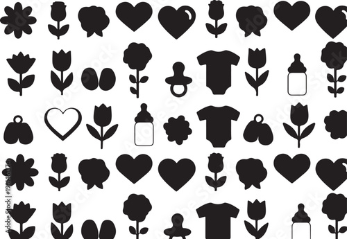 Collection of baby icons black and white hearts flowers baby clothes bottles pacifiers eggs with collection pacifier childhood babyhood babybottle monochrome minimalist babywear
