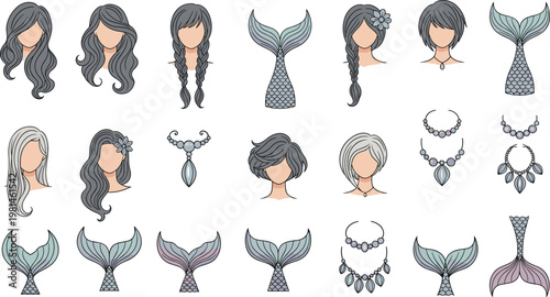 Mermaid Hair and Accessories Icon Set with Fantasy Hairstyles Tails Jewelry Necklace and Sea Princess Beauty Elements Illustration