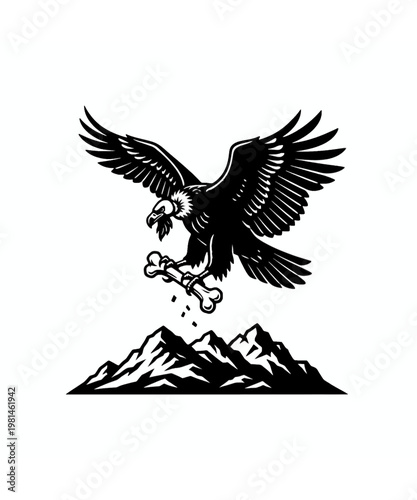 Majestic black vulture flying with an animal bone in its sharp talons as a powerful predatory creature