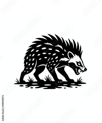 Dynamic black and white illustration of an aggressive honey badger-like creature, featuring prominent spikes and a fierce snarl.