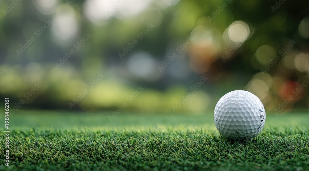 Obraz premium Golf ball resting on a grassy green lawn with blurred trees in the background