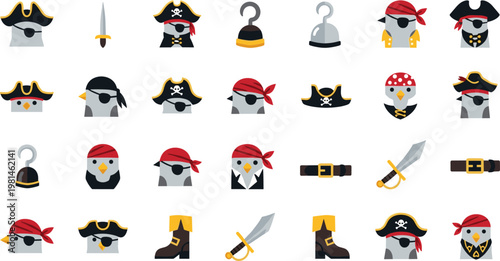 Pirate Costume Icon Set with Hat Sword Hook Belt Boots and Cartoon Character Accessories Illustration Collection