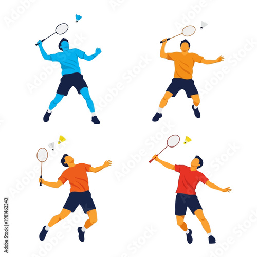 Badminton players in action, dynamic poses, hitting shuttlecock, sports illustration