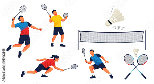 Badminton players in action, serving, hitting shuttlecock, net, rackets, sports concept