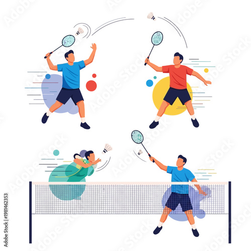 Badminton players in action, dynamic illustration of a doubles match with shuttles and rackets.