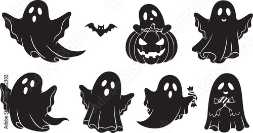 Halloween Ghosts and Pumpkins Silhouette Vector Icons Set