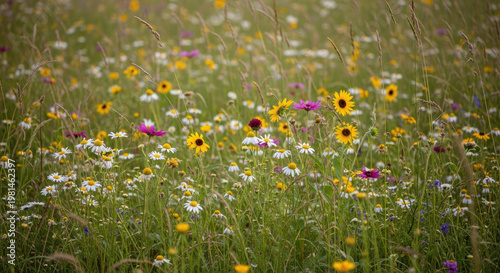 Vibrant wildflower meadow with daisies sunflowers and cosmos in bloom creating a colorful tapestry in a natural green field on a sunny day