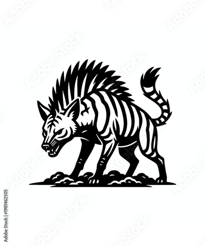 Ferocious hyena creature with sharp spikes and striped fur standing in a hostile and aggressive attack pose