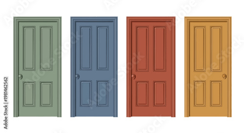 Four colorful paneled doors in different colors: green, blue, red, and yellow, isolated on white background.