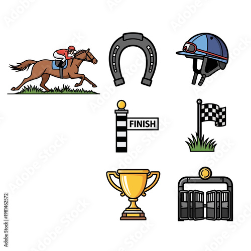 Horse Racing Icons: Jockey, Horseshoe, Helmet, Finish Line, Trophy, Gates, Flag