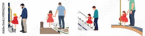 Flat vector illustration set depicting a father helping his young daughter in a red dress board a bus, boat, and climb various steps safely.