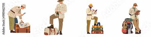 Illustration set of four male explorers and travelers in safari outfits with luggage, maps, and equipment, ready for an adventure or expedition.