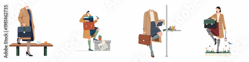 Set of flat illustrations showing a professional businesswoman in various daily life and commute situations, wearing a trench coat and holding a briefcase.