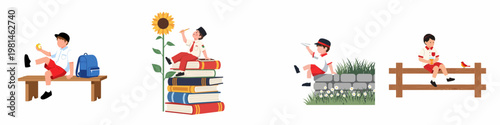 Set of illustrations featuring Indonesian schoolboys in uniforms, engaging in various activities like eating, reading, playing, and resting outdoors.