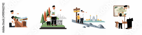 Illustrations of a Muslim grandfather and grandson enjoying various travel adventures together, from sightseeing to exploring maps and landmarks.