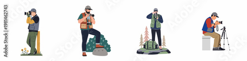 Set of Four Male Photographers in Outdoor Settings with Cameras, Gear, and Tripods, Flat Illustration Style on White Background