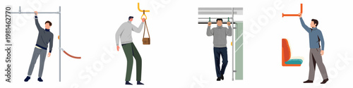 Vector Illustration of Men Commuting on Public Transport, Holding Handrails and Straps, Set Isolated on White Background
