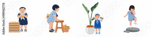 Collection of flat vector illustrations of a toddler in sailor-themed clothes, engaged in various activities like eating snacks and exploring.